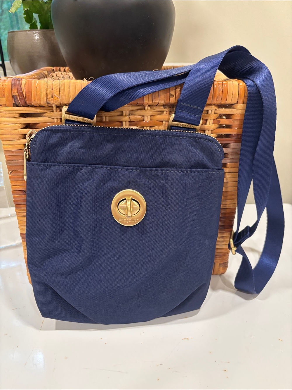 Baggallini Navy Crossbody with Gold Turn-Lock and RFID Protection